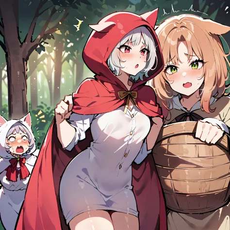 little red riding hood in a cat costume、escape from the depths of the forest、with a wooden shopping basket、chasing from behind、a...