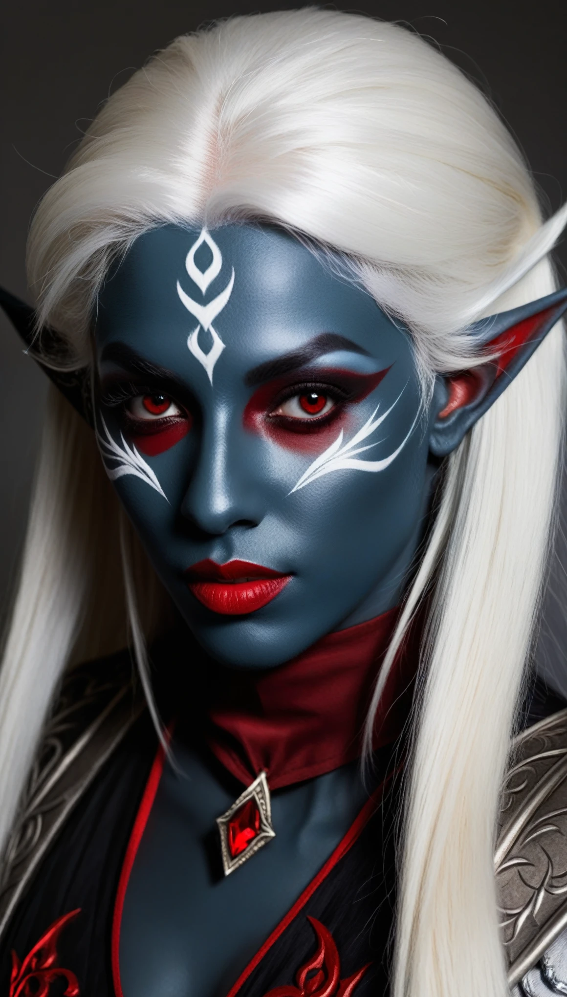 a portrait shot of a drow elf from dungeons and dragons , she has white hair and red eyes , high quality, akali