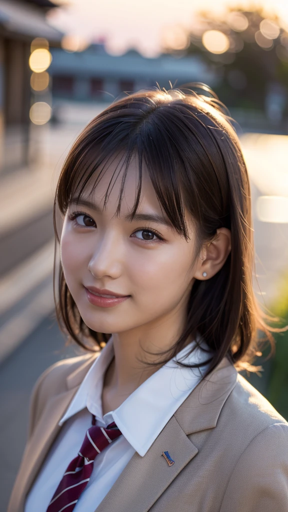 (One Girl), ((Medium Hair,School Blazer Uniform,Looking into the camera,)), (Beautiful Japanese Idol Portrait Photos), (Sunset sky,School building,Schoolyard), (RAW Photos, Best Quality), (Realistic, photo-Realistic:1.4), masterpiece, 8K Portrait, Very delicate and beautiful, 非常にdetailed, 2k wallpaper, wonderful, detailed, 非常にdetailed CG unity 8k wallpaper, 非常にdetailed, High resolution, Soft Light, 美しいdetailedな女の子, 非常にdetailed eyes and face, Beautiful and sophisticated nose, Beautiful attention to detail, Cinema Lighting, Perfect Anatomy, Slender body, Small breasts, (smile), Dynamic Angle, (Elegant and sophisticated atmosphere)