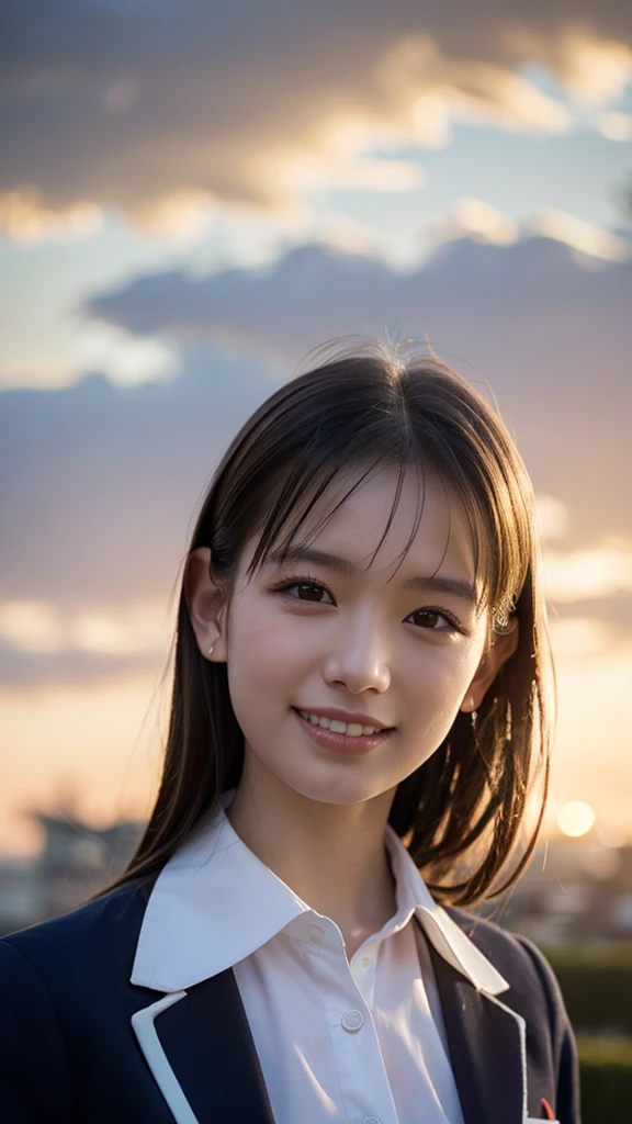 (One Girl), ((Medium Hair,School Blazer Uniform,Looking into the camera,)), (Beautiful Japanese Idol Portrait Photos), (Sunset sky,School building,Schoolyard), (RAW Photos, Best Quality), (Realistic, photo-Realistic:1.4), masterpiece, 8K Portrait, Very delicate and beautiful, 非常にdetailed, 2k wallpaper, wonderful, detailed, 非常にdetailed CG unity 8k wallpaper, 非常にdetailed, High resolution, Soft Light, 美しいdetailedな女の子, 非常にdetailed eyes and face, Beautiful and sophisticated nose, Beautiful attention to detail, Cinema Lighting, Perfect Anatomy, Slender body, Small breasts, (smile), Dynamic Angle, (Elegant and sophisticated atmosphere)