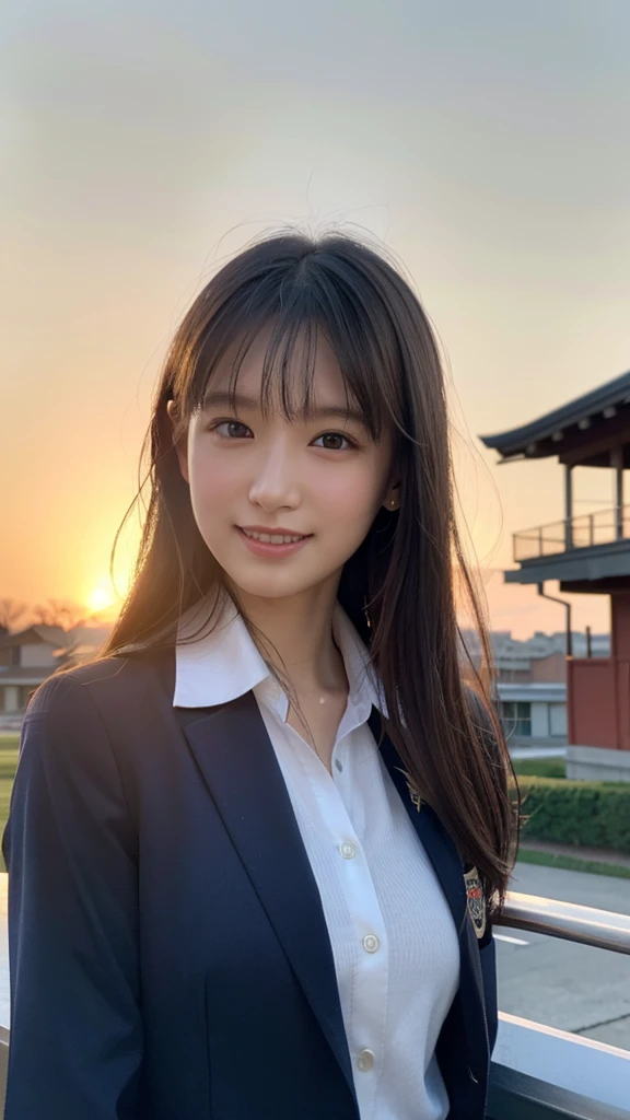 (One Girl), ((Medium Hair,School Blazer Uniform,Looking into the camera,)), (Beautiful Japanese Idol Portrait Photos), (Sunset sky,School building,Schoolyard), (RAW Photos, Best Quality), (Realistic, photo-Realistic:1.4), masterpiece, 8K Portrait, Very delicate and beautiful, 非常にdetailed, 2k wallpaper, wonderful, detailed, 非常にdetailed CG unity 8k wallpaper, 非常にdetailed, High resolution, Soft Light, 美しいdetailedな女の子, 非常にdetailed eyes and face, Beautiful and sophisticated nose, Beautiful attention to detail, Cinema Lighting, Perfect Anatomy, Slender body, Small breasts, (smile), Dynamic Angle, (Elegant and sophisticated atmosphere)