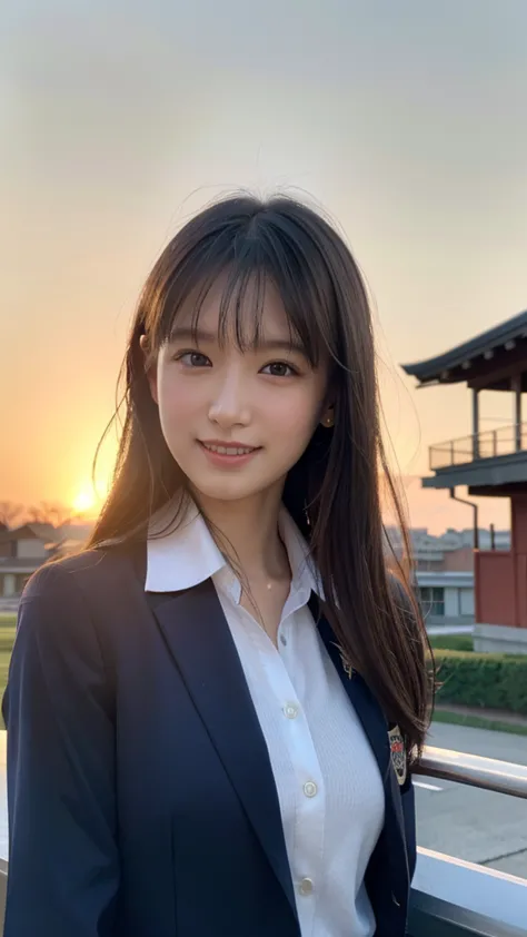 (one girl), ((medium hair,school blazer uniform,looking into the camera,)), (beautiful japanese idol portrait photos), (sunset s...