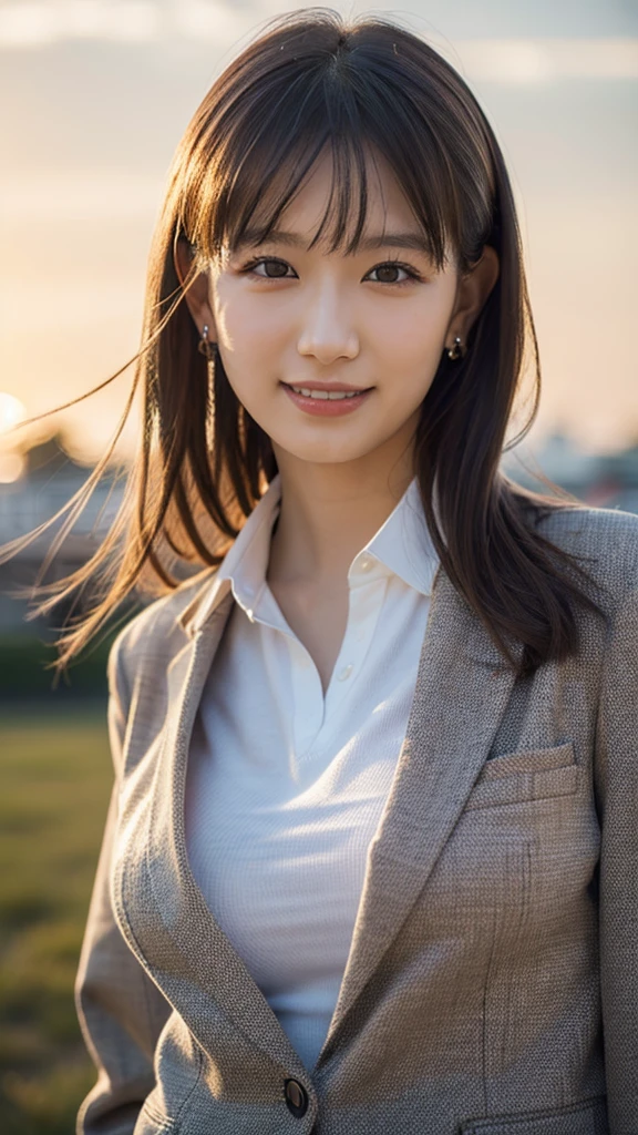 (One Girl), ((Medium Hair,School Blazer Uniform,Looking into the camera,)), (Beautiful Japanese Idol Portrait Photos), (Sunset sky,School building,Schoolyard), (RAW Photos, Best Quality), (Realistic, photo-Realistic:1.4), masterpiece, 8K Portrait, Very delicate and beautiful, 非常にdetailed, 2k wallpaper, wonderful, detailed, 非常にdetailed CG unity 8k wallpaper, 非常にdetailed, High resolution, Soft Light, 美しいdetailedな女の子, 非常にdetailed eyes and face, Beautiful and sophisticated nose, Beautiful attention to detail, Cinema Lighting, Perfect Anatomy, Slender body, Small breasts, (smile), Dynamic Angle, (Elegant and sophisticated atmosphere)