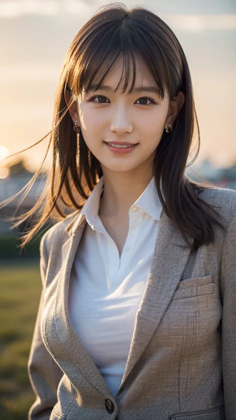 (one girl), ((medium hair,school blazer uniform,looking into the camera,)), (beautiful japanese idol portrait photos), (sunset s...