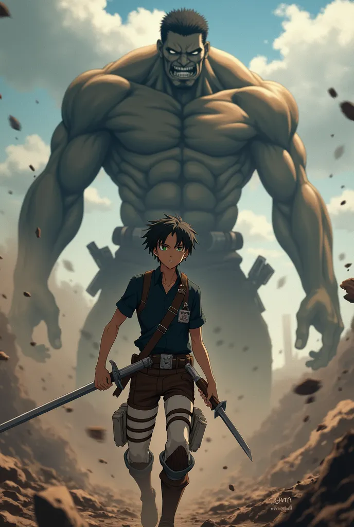 Make a attack on titan character.Wit studios style.he is a teen young boy.he apparence is he is tan white skin. he have short hair look like same to eren yeager. he have green brown eyes he is muscular not too much normal he wearing black shirt.he is too serious not smile.he is has fighting with titan in intense combate battle like attack on titan battles very epic and brutal.he has fighting together with mikasa eren and armin of attack on titan 