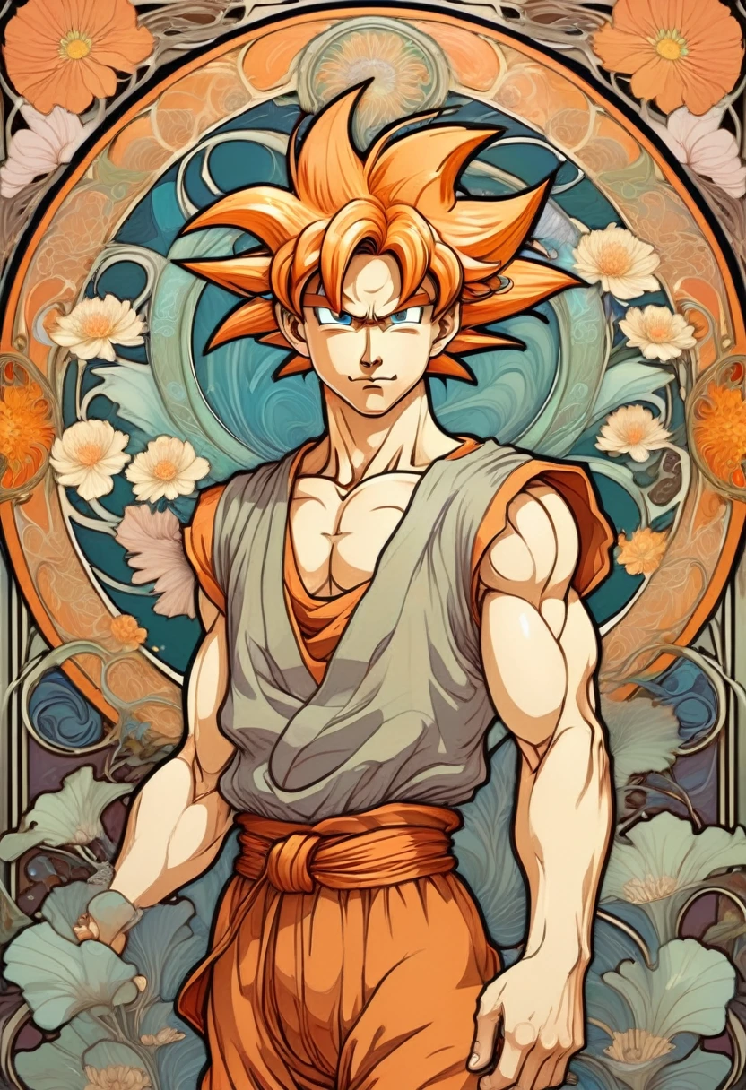 ccxl-mucha, Art style, flores, Goku portrait in Art Nouveau style: Imagine Goku with an aura reminiscent of the fluid, organic patterns of Art Nouveau., perhaps with styled hair and sinuous shapes around it. The smooth lines and rich color palette can highlight the dynamism of the character.