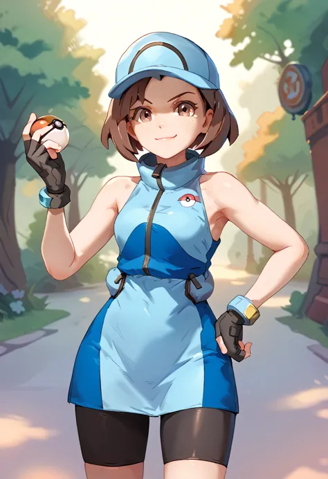 overwatch, 3d, cgi, ace_trainer (pokemon), acetrainer, short brown hair, bike short,blue two tone sleeveless short dress, finger...