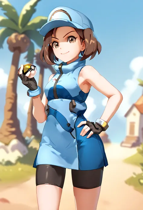 overwatch, 3d, cgi, ace_trainer (pokemon), acetrainer, short brown hair, bike short,blue two tone sleeveless short dress, finger...