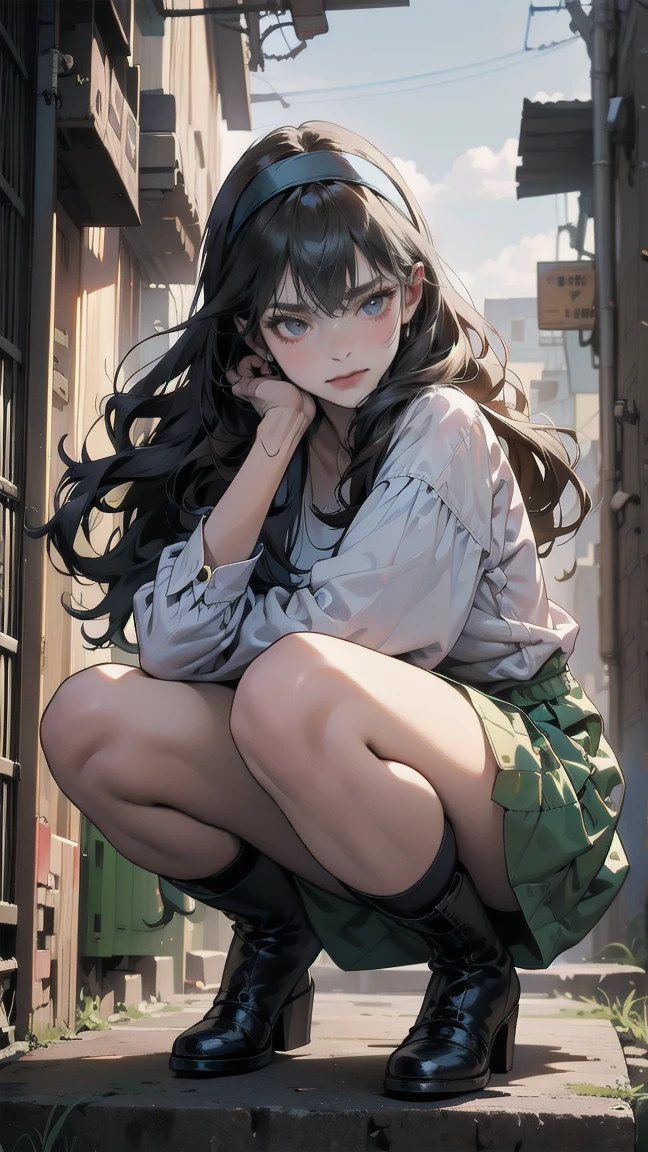 anime style、Storytelling、、Beautiful girl、とてもbeautiful天使、Gothic coffee dress、beautiful、baby face、smile、long skirt、black boots、Very beautiful headband, with long, dark brown hair and waves and a bang, Dark brown eyes and a serious expression