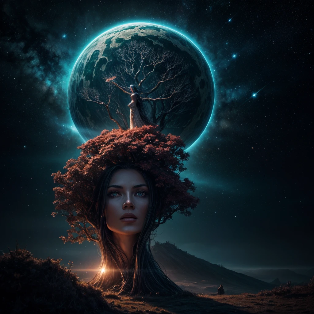 Generate a mesmerizing and mythical scene where a woman is carved into an ancient tree. The woman's body should seamlessly blend with the tree trunk, imbuing the scene with a surreal and magical quality. (wood textures), (beautiful leaves), surround this enchanting scene with a night sky adorned by vibrant nebulae, a dense field of stars, and the distant presence of alien planets. The entire composition should exude an atmosphere of wonder, fantasy, and cosmic mystique. Superb imagery, sublime render, 8k, wall art masterpiece, extreme detail and resolution, chiaroscuro lighting, ambient occlusion style