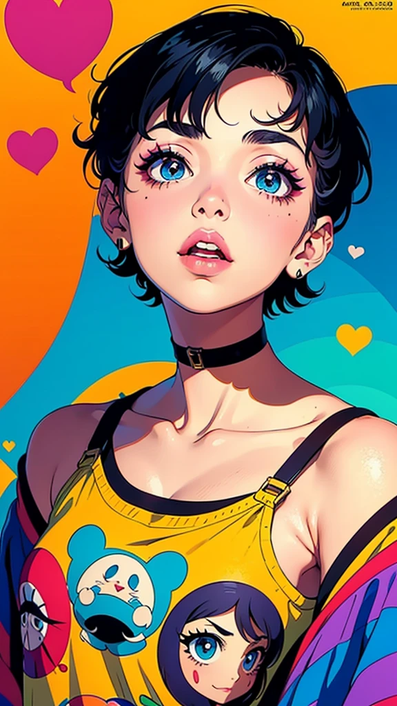 a cartoon girl with short black hair, oversized clothes, loose t-shirt with prints, very colorful, 90s cartoon style, detailed facial features, beautiful detailed eyes, beautiful detailed lips, extremely detailed eyes and face, long eyelashes, photorealistic, 8k, high quality, masterpiece, vivid colors, dynamic lighting, soft focus, capa de cartoon anos 90, cartaz cartoon anos 90, poster cartoon anos 90