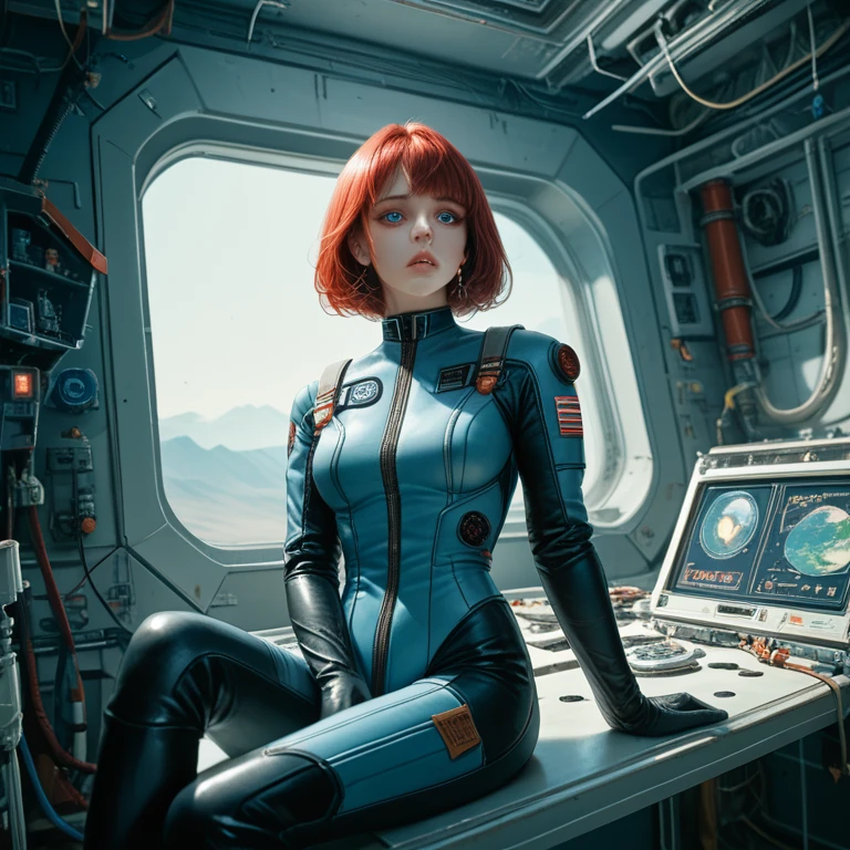 absurd resolution, high resolution, (masterpiece: 1.4), Hyper-granularity, 1 young woman, short red hair, pilot suit, rich princess, sitting in an extremely narrow and enclosed mech control room, looking out the window, window is space universe, you can see the blue planet (1.5), facial expression worried, the mech control room is in the universe