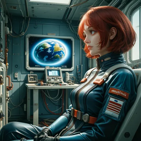 absurd resolution, high resolution, (masterpiece: 1.4), hyper-granularity, 1 young woman, short red hair, pilot suit, rich princ...