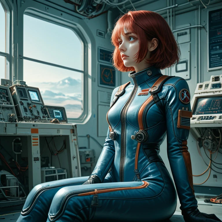 absurd resolution, high resolution, (masterpiece: 1.4), Hyper-granularity, 1 young woman, short red hair, pilot suit, rich princess, sitting in an extremely narrow and enclosed mech control room, looking out the window, window is space universe, you can see the blue planet (1.5), facial expression worried, the mech control room is in the universe