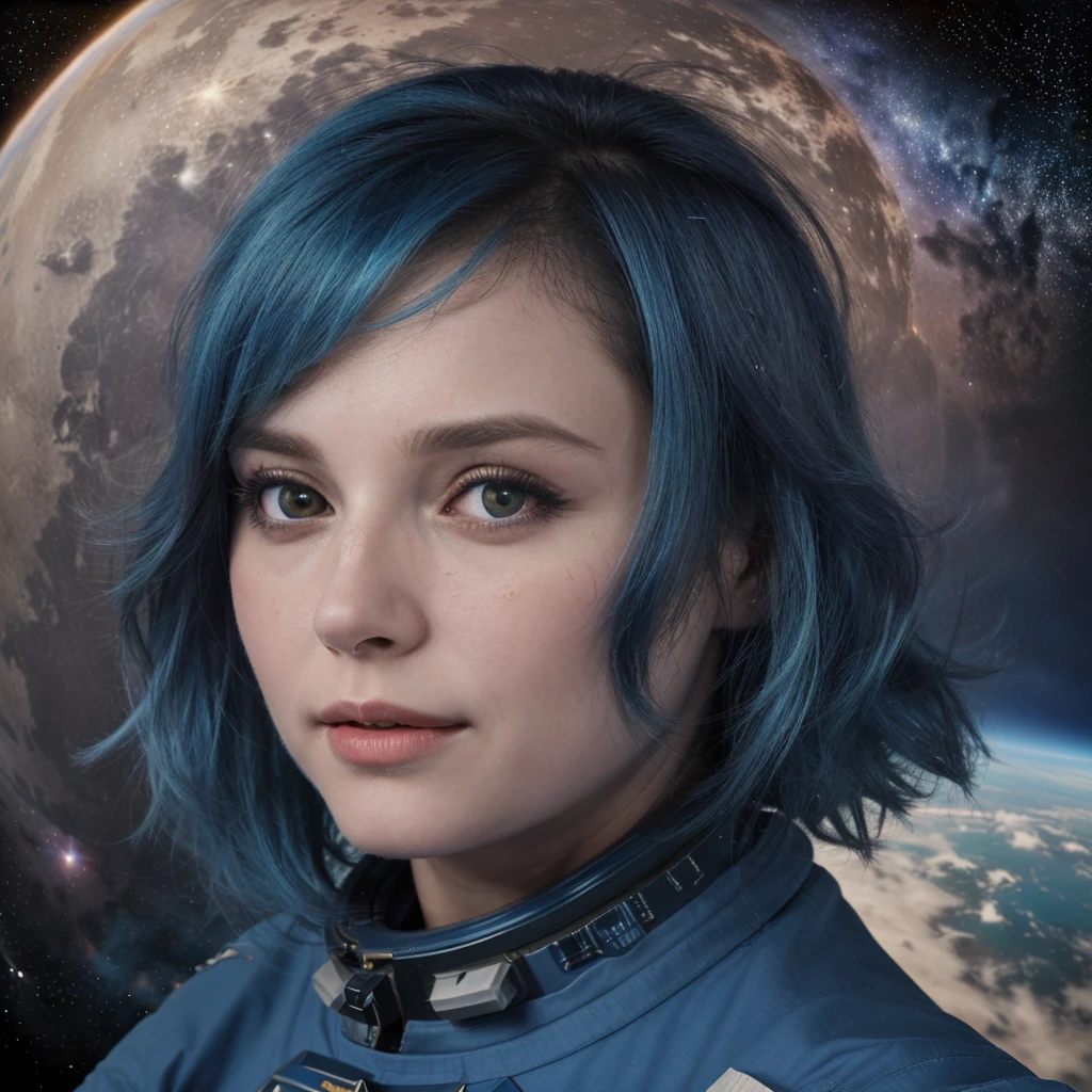 best quality, detailed, 4k, raw photo, masterpiece, detailed face,, stars, planets, galaxy, space,, a photo of anycemar flying in space, blue hair, bangs, long hair, looking at viewer, 