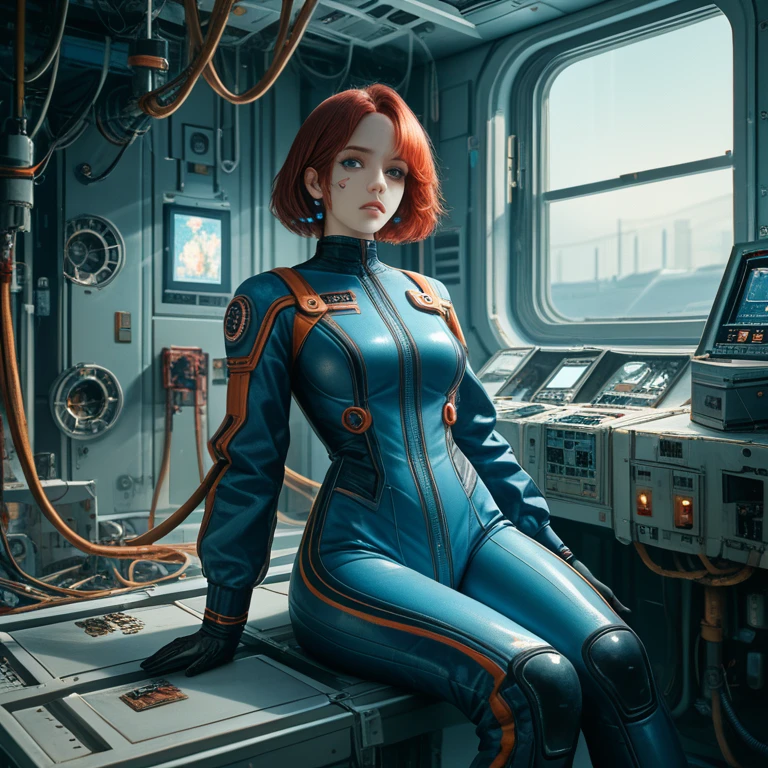 absurd resolution, high resolution, (masterpiece: 1.4), Hyper-granularity, 1 young woman, short red hair, pilot suit, rich princess, sitting in an extremely narrow and enclosed mech control room, looking out the window, window is space universe, you can see the blue planet (1.5), facial expression worried, the mech control room is in the universe