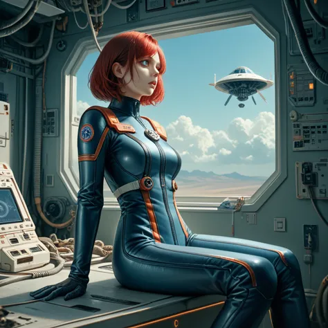 absurd resolution, high resolution, (masterpiece: 1.4), hyper-granularity, 1 young woman, short red hair, pilot suit, rich princ...