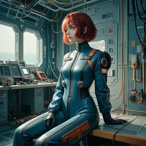 absurd resolution, high resolution, (masterpiece: 1.4), hyper-granularity, 1 young woman, short red hair, pilot suit, rich princ...