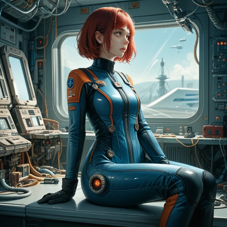 absurd resolution, high resolution, (masterpiece: 1.4), Hyper-granularity, 1 young woman, short red hair, pilot suit, rich princess, sitting in an extremely narrow and enclosed mech control room, looking out the window, window is space universe, you can see the blue planet (1.5), facial expression worried, the mech control room is in the universe