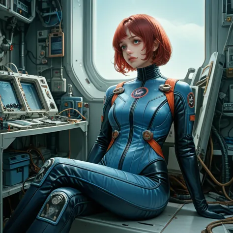 absurd resolution, high resolution, (masterpiece: 1.4), hyper-granularity, 1 young woman, short red hair, pilot suit, rich princ...