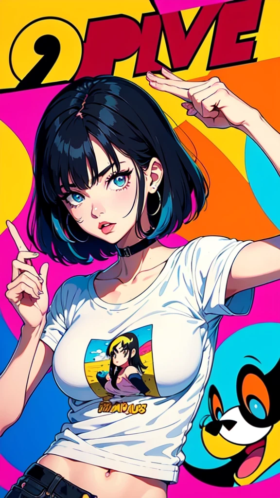 a cartoon girl with short black hair, oversized clothes, loose t-shirt with prints, very colorful, 90s cartoon style, detailed facial features, beautiful detailed eyes, beautiful detailed lips, extremely detailed eyes and face, long eyelashes, photorealistic, 8k, high quality, masterpiece, vivid colors, dynamic lighting, soft focus, capa de cartoon anos 90, cartaz cartoon anos 90, poster cartoon anos 90