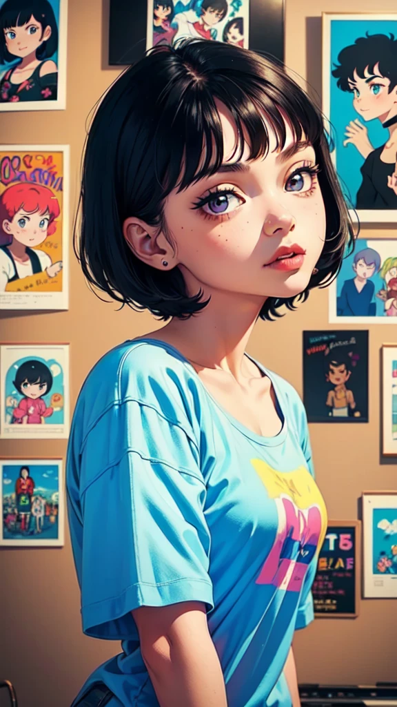 a cartoon girl with short black hair, oversized clothes, loose t-shirt with prints, very colorful, 90s cartoon style, detailed facial features, beautiful detailed eyes, beautiful detailed lips, extremely detailed eyes and face, long eyelashes, photorealistic, 8k, high quality, masterpiece, vivid colors, dynamic lighting, soft focus, capa de cartoon anos 90, cartaz cartoon anos 90, poster cartoon anos 90