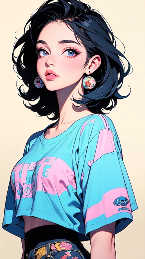 a cartoon girl with short black hair, oversized clothes, loose t-shirt with prints, very colorful, 90s cartoon style, detailed f...