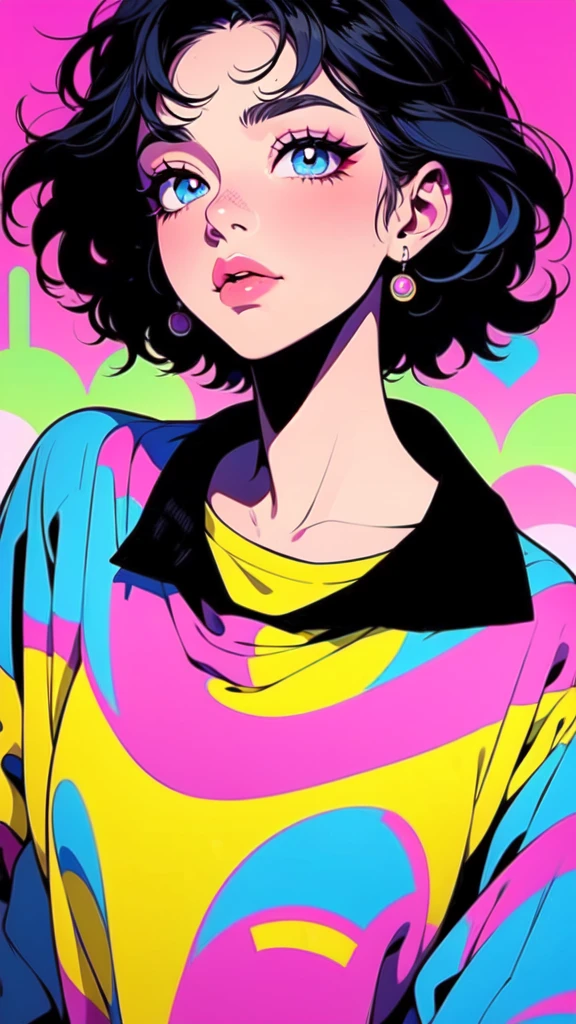 a cartoon girl with short black hair, oversized clothes, loose t-shirt with prints, very colorful, 90s cartoon style, detailed facial features, beautiful detailed eyes, beautiful detailed lips, extremely detailed eyes and face, long eyelashes, photorealistic, 8k, high quality, masterpiece, vivid colors, dynamic lighting, soft focus, capa de cartoon anos 90, cartaz cartoon anos 90, poster cartoon anos 90