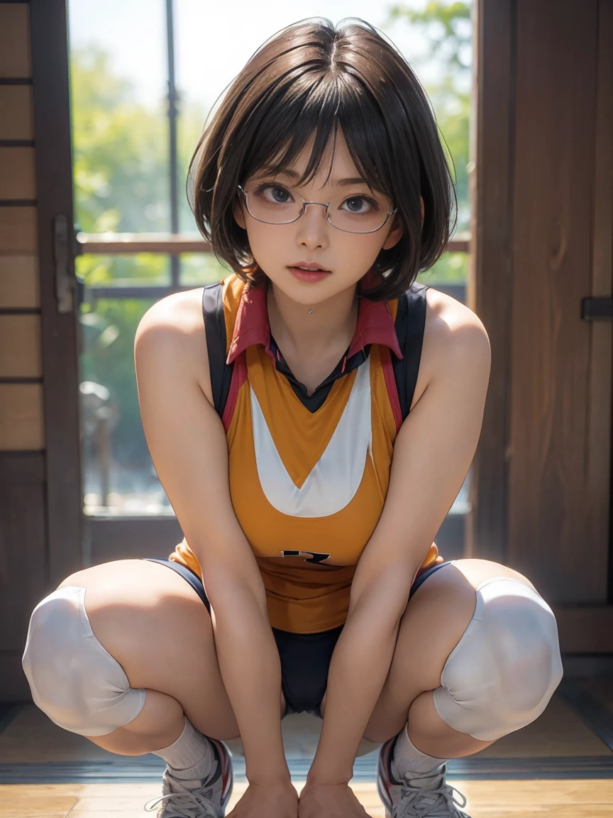 8k, RAW Photo Best Quality, masterpiece, Realistic, Realistic, (1 Ultimate Beauty), ((Cosplayer wearing a sleeveless volleyball uniform)),((Very large breasts))(Make sure there is only one person in the photo)、(On the volleyball court)(Wear rimless glasses)((Please assume a squatting position..))((Legs wide open))Highly detailed face, (Perfect Teeth), fine grain, Double eyelids, eyelash, Lip details, (((Bob Hair Black), (((Very large breasts)))Big Breasts,(((Emphasize Big Breasts)))(((Accentuate the crotch)))((Sexy pose))Cowboy Shot,  Soft Light, ((Detailed border)) 
Proceed with caution，((,Japanese women)), (((Medium, Narrow waist))), (((Realistic))(((Front View)))