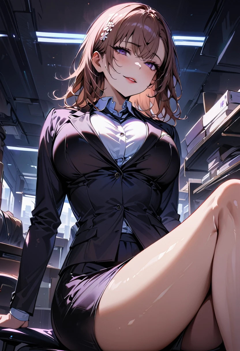 Mature beautiful Misaka Mikoto,(Highest quality,Extremely detailed depiction,Incredibly absurd high resolution,Anatomically accurate depiction,Curvy Legs,Shiny skin,Porcelain-like skin),(Office Lady,An excellent female secretary,Villainess),(business suit,Tight Skirt,Formal Shirt,Black Pantyhose,Luxurious accessories),eyelash,(Purple eyes,Detailed pupil,Half-closed eyes:1.3,Large Breasts,Wicked Smile,lustrous red lips,Sitting,Seductive gestures),whole body,(background:In the office),（View from below:1.5）