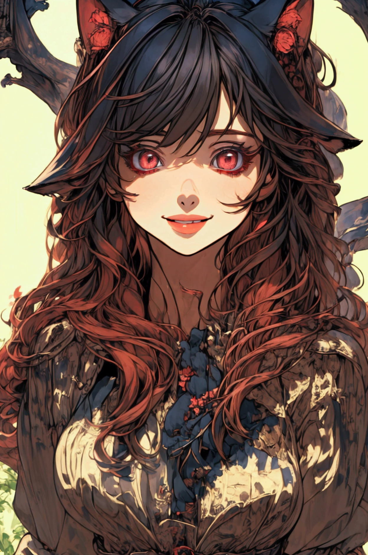 (masterpiece), (best quality), (ultra detailed),(disheveled hair),(illustration), (1girl), standing, smiling, beautiful detailed eyes, light red eyes, detailed beautiful face, detailed hair, bangs, best lighting, best shadow, highly detailed, vibrant, red hood, wolf ears, soft red lips, long black dress, woods bbackground