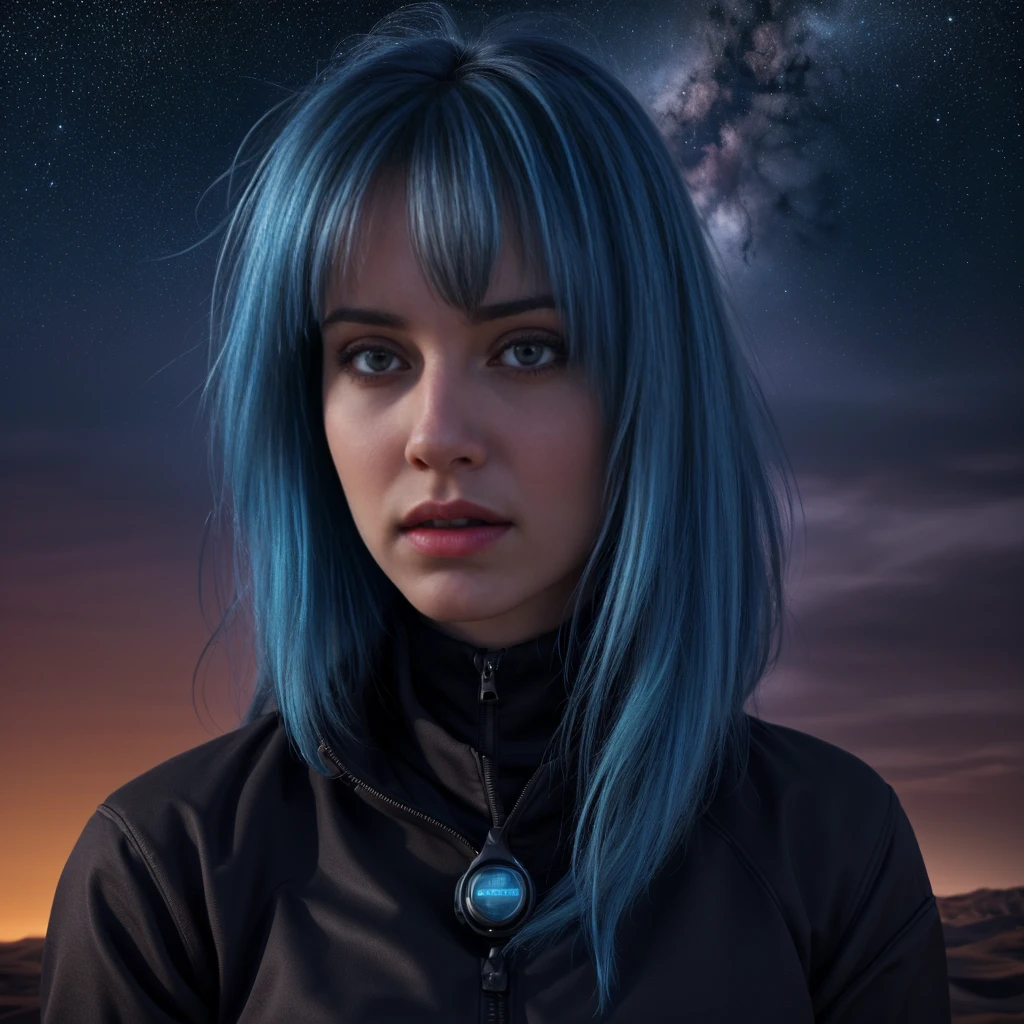 a photo of a young woman with blue hair and bangs floating in space, piel detallada, sudorosa, long detailed hair blowing in the wind, mesmerizing detailed face looking directly at the viewer, surrounded by stars, planets and a vibrant galaxy backdrop, (best quality,4k,8k,highres,masterpiece:1.2),ultra-detailed,(realistic,photorealistic,photo-realistic:1.37),cinematic lighting,award winning,stunning space scene