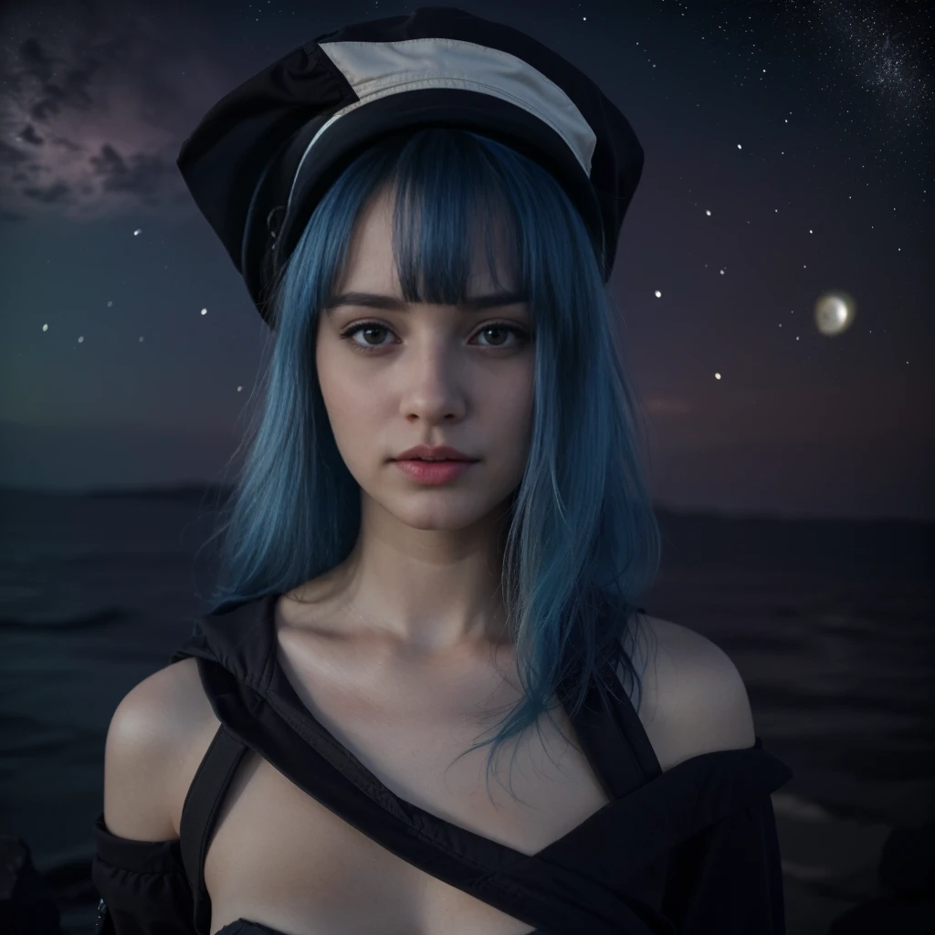 a photo of a young woman with blue hair and bangs floating in space, piel detallada, sudorosa, long detailed hair blowing in the wind, mesmerizing detailed face looking directly at the viewer, surrounded by stars, planets and a vibrant galaxy backdrop, (best quality,4k,8k,highres,masterpiece:1.2),ultra-detailed,(realistic,photorealistic,photo-realistic:1.37),cinematic lighting,award winning,stunning space scene