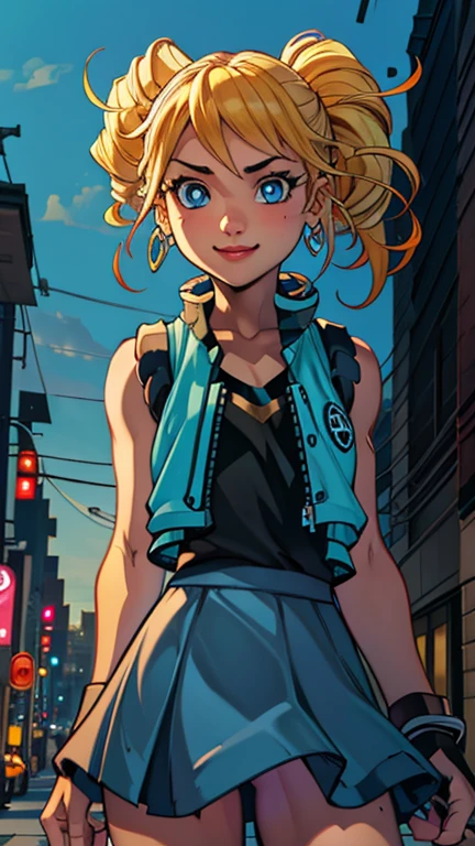 (1girl, solo), highly insanely detailed, masterpiece, top quality, best quality, highres, 4k, 8k, RAW photo),((innocent look)),((joe madureira style)),From the front, symmetrical composition,smile,cute,Innocent,Kind eyes,Flat chest,digital art Style, night, city, tokyo, street, akihabara, neon lights, (ppgzbb),front view, Upper body, (blue eyes, blonde hair, twin drills, hairclip, earrings, vest, blue skirt, short skirt)