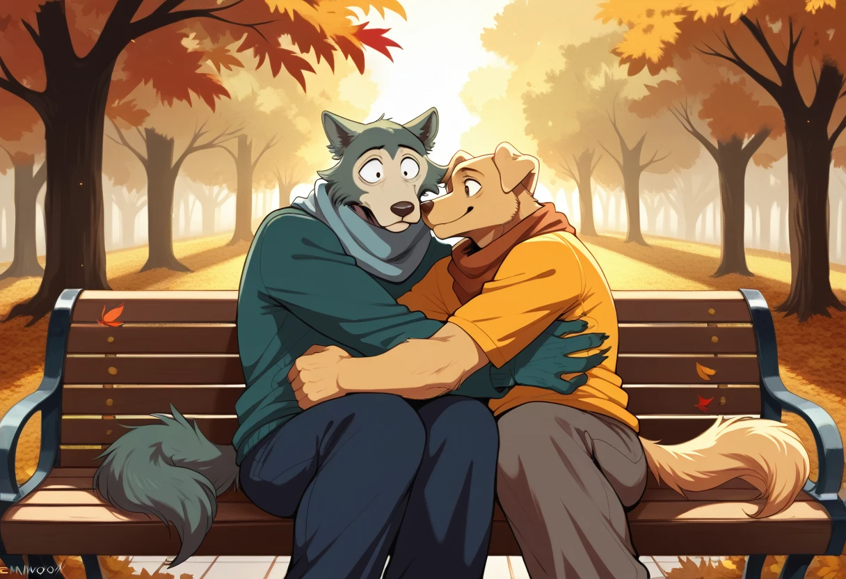 2 men, 2 male, 2 anthro, by zackary911, by honovy, by darkgem, by roanoak, by sssnowby, masterpiece, insanely detailed face, insanely detailed background, Beastars, Jack, labrador, retriever, park, autumn, fall, outdoors, cozy, cuddling, smile, raccoon, gloves, scarf, sunshine, shadows, light rays, looking at each other, sitting, park bench, falling leaves, hug