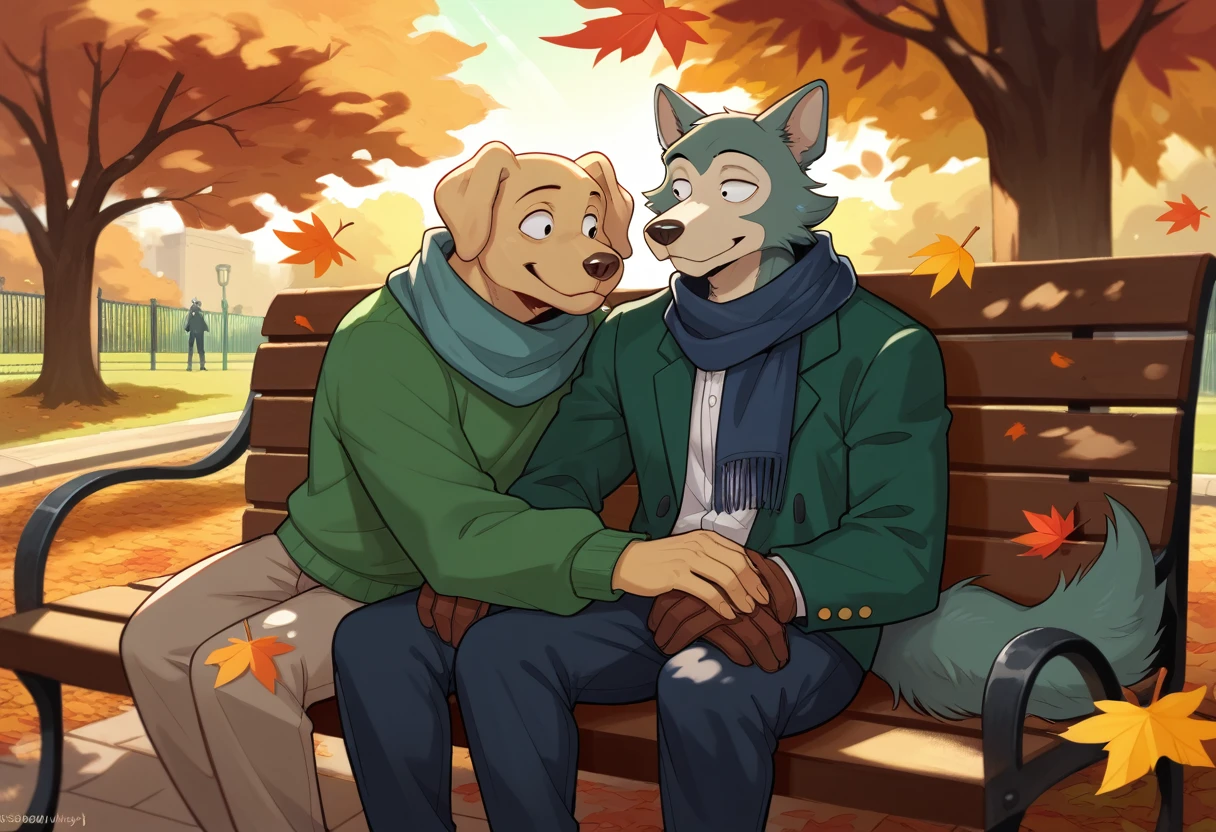 2 men, 2 male, 2 anthro, by zackary911, by honovy, by darkgem, by roanoak, by sssnowby, masterpiece, insanely detailed face, insanely detailed background, Beastars, Jack, labrador, retriever, park, autumn, fall, outdoors, cozy, cuddling, smile, raccoon, gloves, scarf, sunshine, shadows, light rays, looking at each other, sitting, park bench, falling leaves, hug