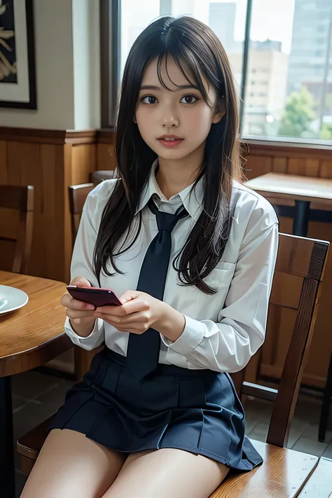 a girl sitting at a table in a restaurant, holding a smartphone, surrounded by food and dishes, viewed from across the table, we...