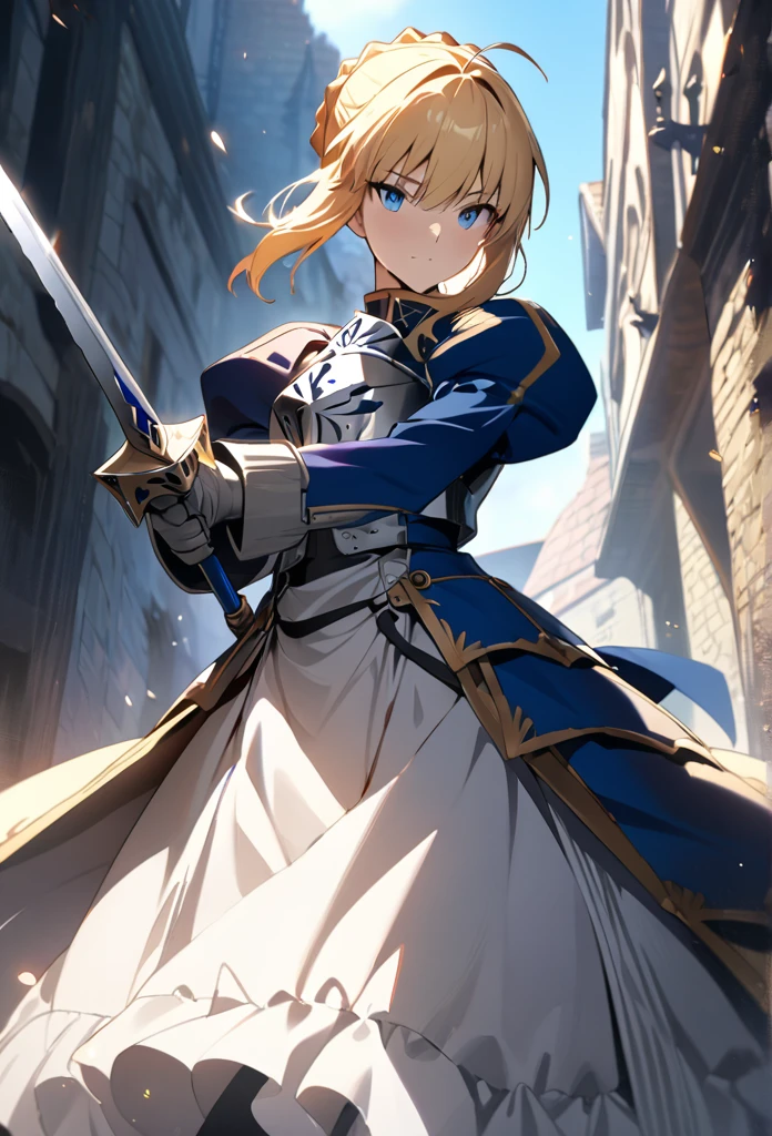 (masterpiece:1.2), (highest quality:1.2), Perfect Eyes, Perfect Face, Perfect lighting,1girl，Saber, holding sword artoria pendragon \(fate\), fate \(series\) perspective medieval beautiful, aesthetic, detailed, beautiful color amazing quality, best quality, high quality