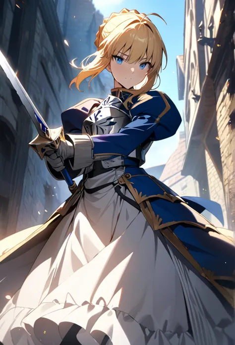 (masterpiece:1.2), (highest quality:1.2), perfect eyes, perfect face, perfect lighting,1girl，saber, holding sword artoria pendra...