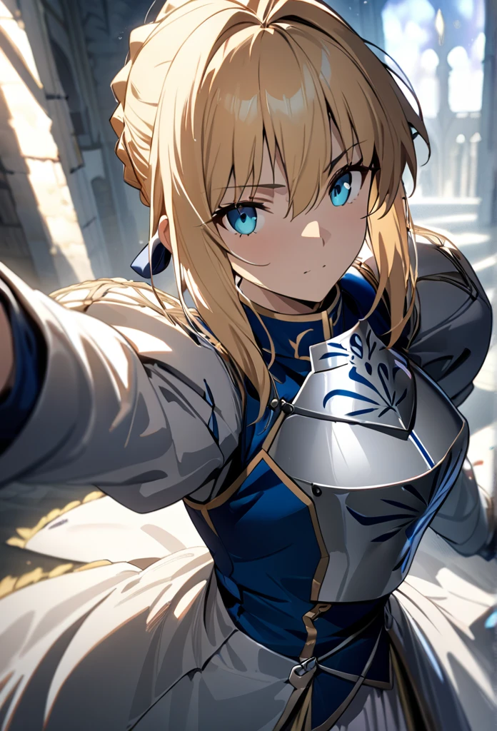 (masterpiece:1.2), (highest quality:1.2), Perfect Eyes, Perfect Face, Perfect lighting,1girl，Saber, holding sword artoria pendragon \(fate\), fate \(series\) perspective medieval beautiful, aesthetic, detailed, beautiful color amazing quality, best quality, high quality