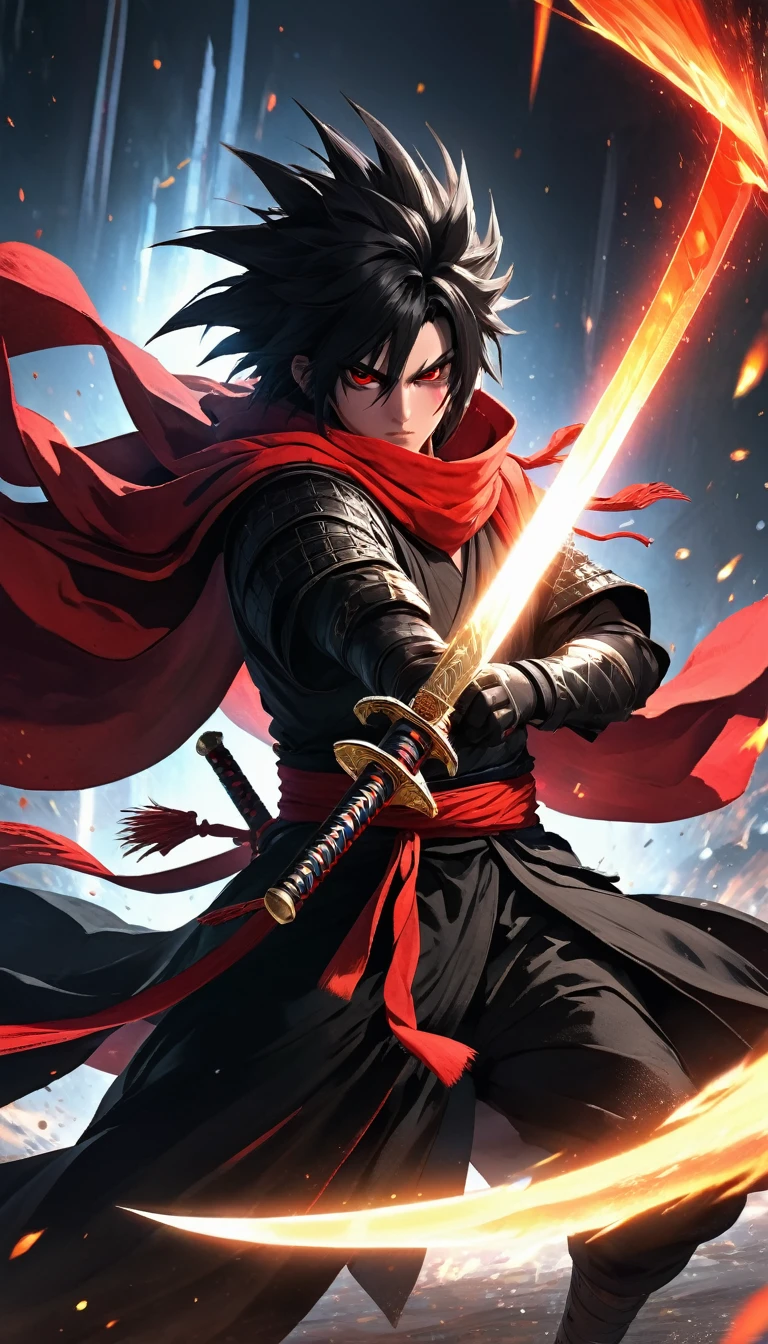 anime fantasy murim, a fierce warrior, messy and spiky black hair, black eyes with a red glow, red scarf, black robe with red details, red sash at the waist, black glove, wielding a sword ready for battle, a bright aura surrounds him, harmonious colors, dynamic composition, cinematic lighting, highly detailed, 8k, concept art style
