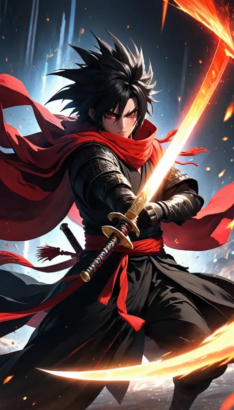 anime fantasy murim, a fierce warrior, messy and spiky black hair, black eyes with a red glow, red scarf, black robe with red de...