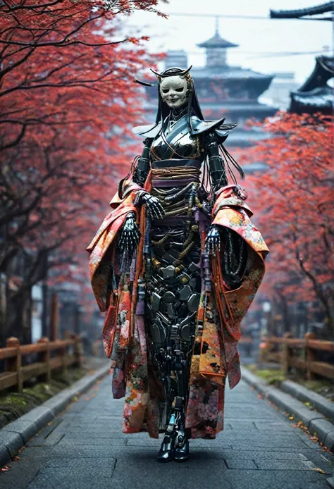 creating an image of a female android in a beautiful kimono walking through the streets of kyoto. the style is terrible, and the...