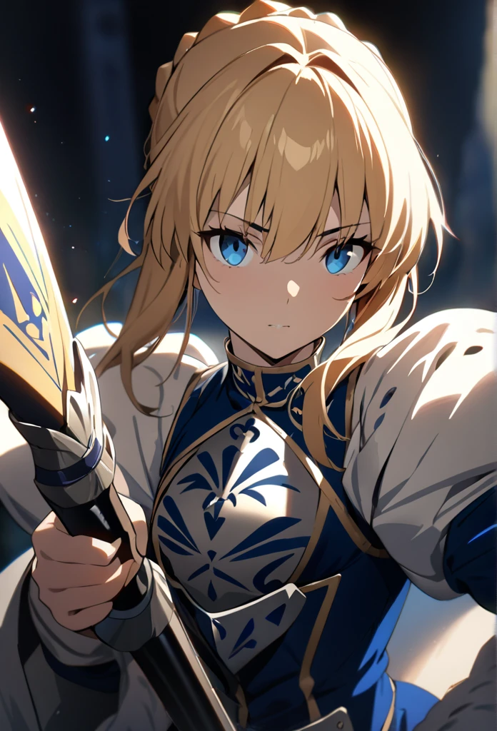 (masterpiece:1.2), (highest quality:1.2), Perfect Eyes, Perfect Face, Perfect lighting,1girl，Saber, holding sword artoria pendragon \(fate\), fate \(series\) perspective medieval beautiful, aesthetic, detailed, beautiful color amazing quality, best quality, high quality