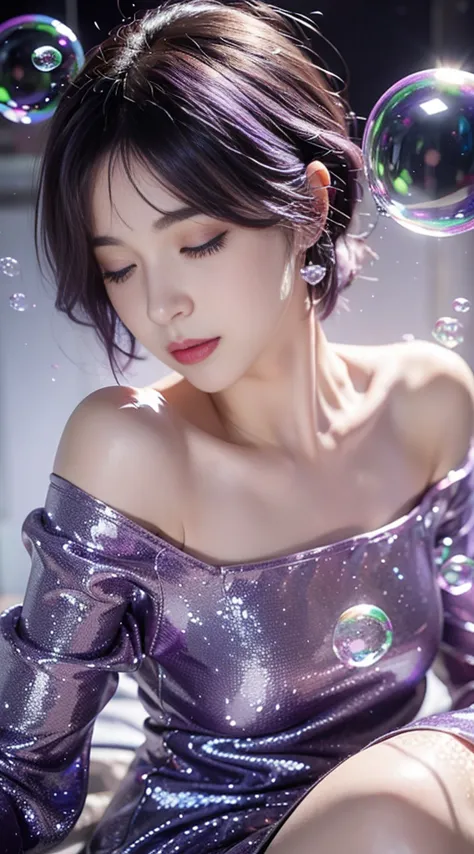 solo, 1girl, purple eyes, purple hair, bubble, looking at viewer, portrait, half-closed eyes, short hair, closed mouth,shiny bub...