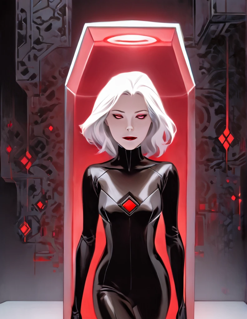 Pale Middle aged white haired Woman wearing a black sci-fi body suit. She has a calm dead pan expression. She is laying inside a geometric scifi cofgin that glows red. The room is very dark with tye only light coming from her coffin.