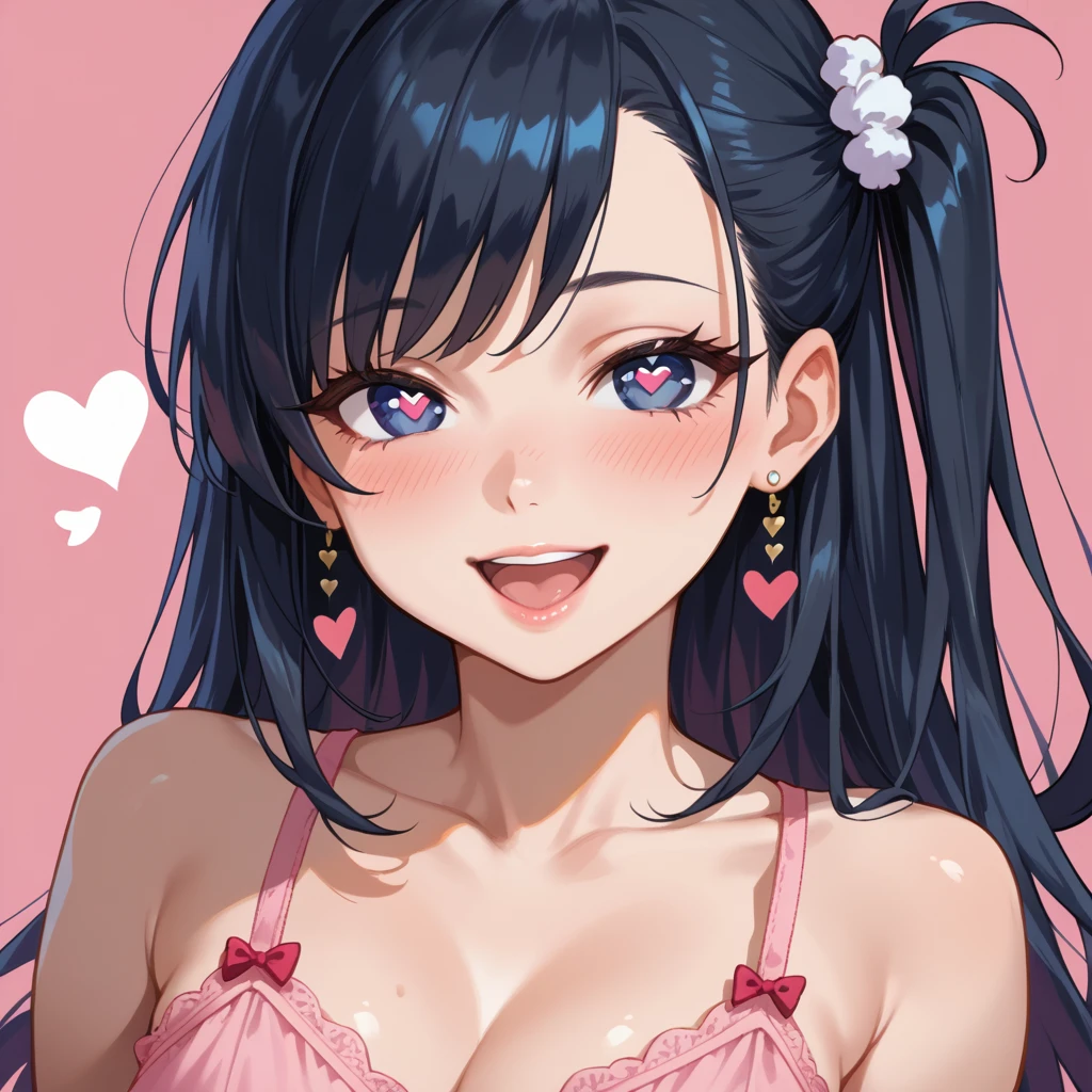 1 fille, dark eyes, long black hair, blush, cils, heart, heart-shaped pupils, heart background, long hair, regard timide, one side up, Open Mouth, pink background, portrait, chemise, side papillotes, flirty smile, alone, huge tits