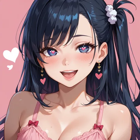 1 fille, dark eyes, long black hair, blush, cils, heart, heart-shaped pupils, heart background, long hair, regard timide, one si...