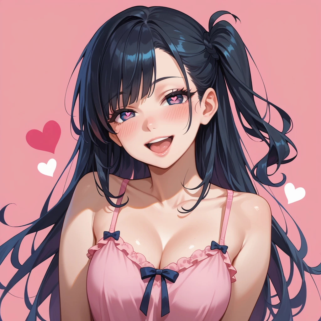 1 fille, dark eyes, long black hair, blush, cils, heart, heart-shaped pupils, heart background, long hair, regard timide, one side up, Open Mouth, pink background, portrait, chemise, side papillotes, flirty smile, alone, huge tits