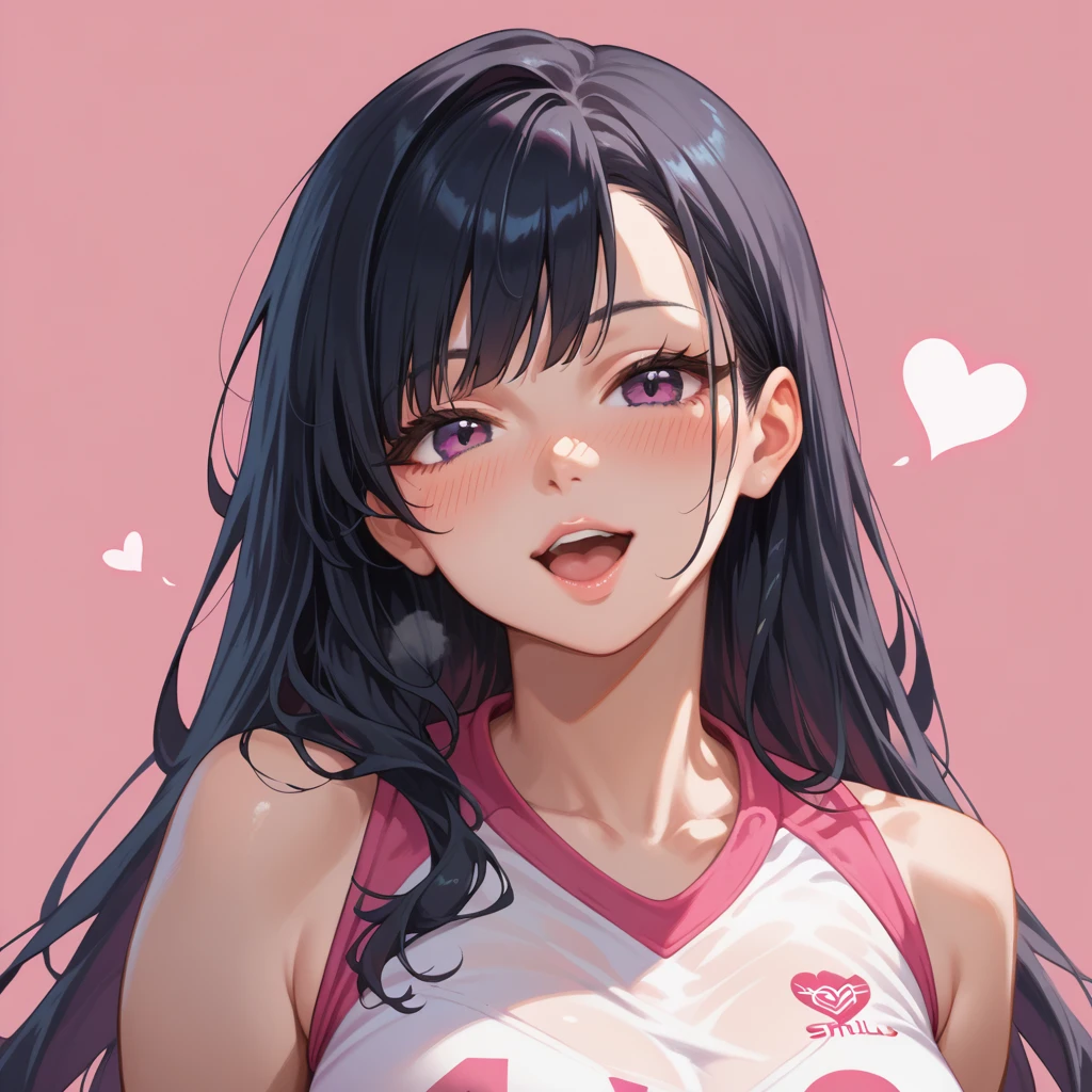 1 fille, dark eyes, long black hair, blush, cils, heart, heart background, long hair, regard timide, Open Mouth, pink background, portrait, sportswear, side papillotes, sport, alone, huge tits